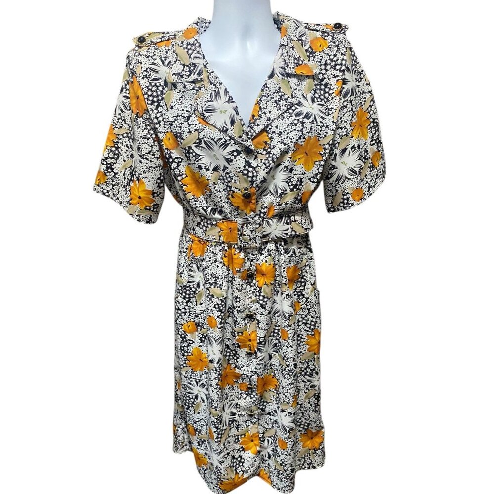 JAS Vintage Dress 2X Floral Midi Short Sleeves Collar Belted Pocket Black Yellow - Picture 2 of 15